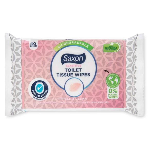 Saxon Biodegradable Fresh & Clean Sensitive Toilet Tissue Wipes 40 Pack